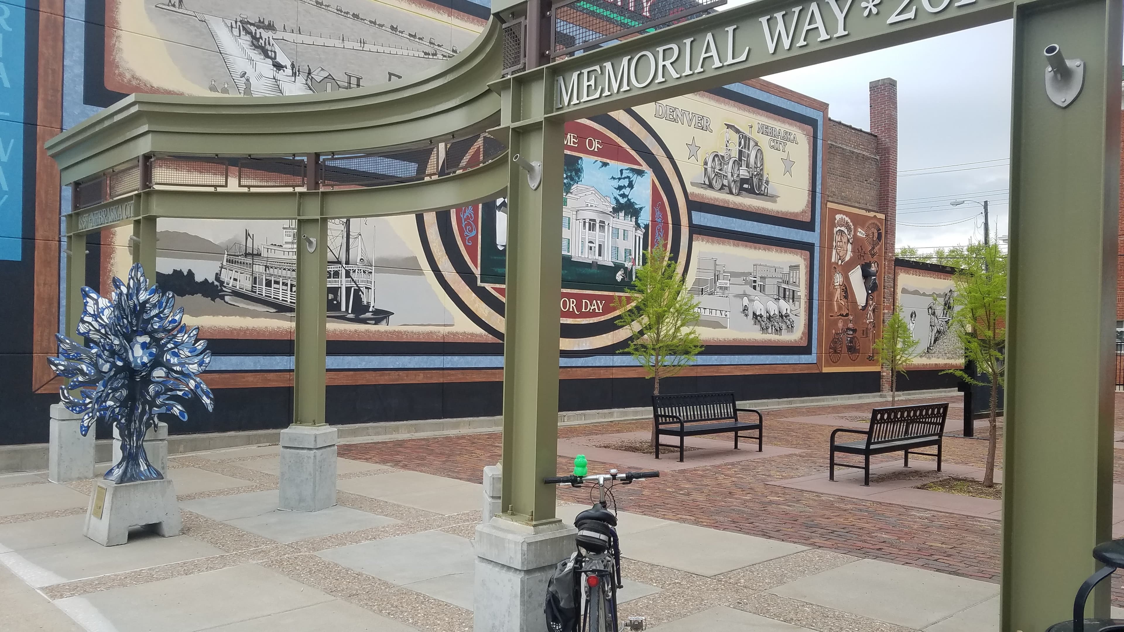Bicycle parked near the Memorial Way mural and plaza in downtown Nebraska City.