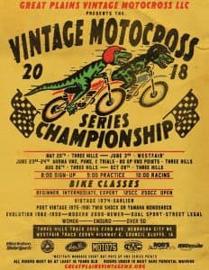 Poster for the 2018 Vintage Motocross Series Championship featuring dinosaurs riding bikes and event details.