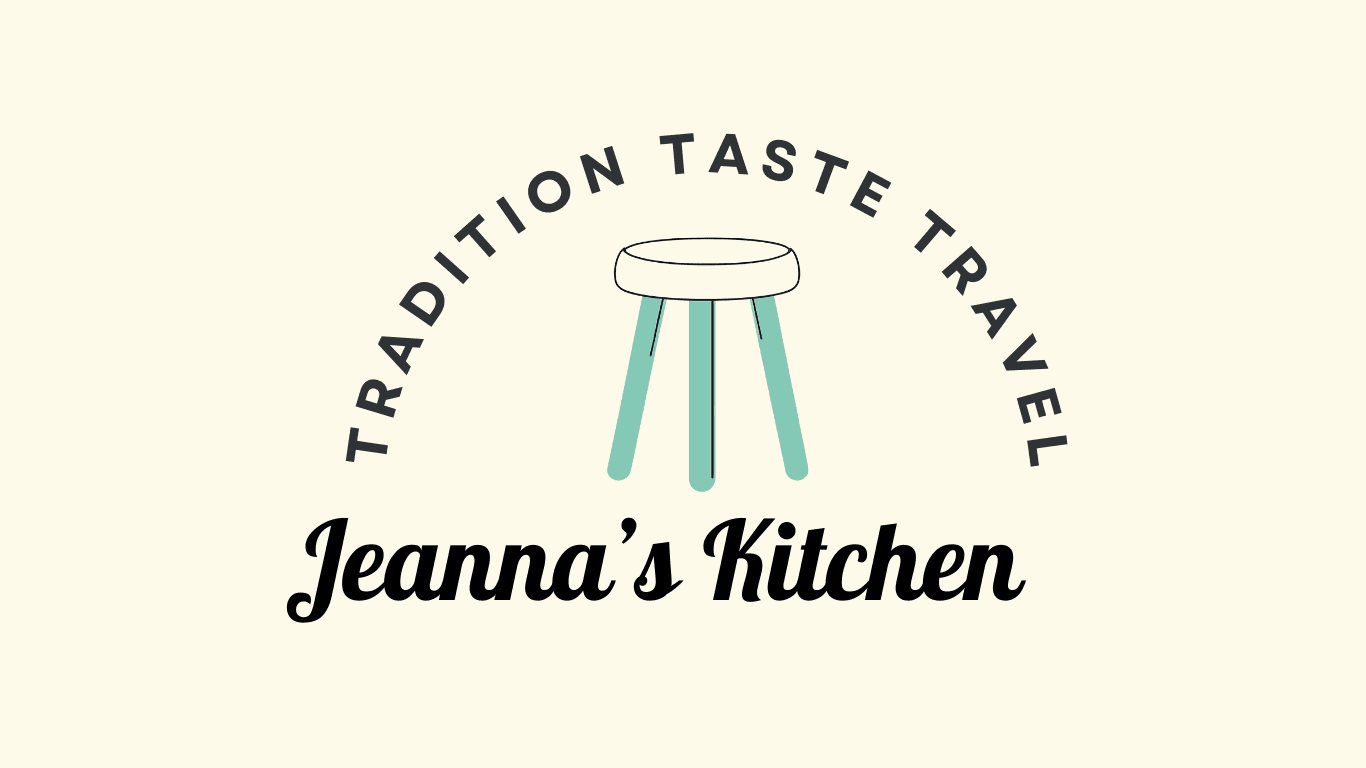 Logo for "Jeanna's Kitchen" featuring a minimalist stool and the tagline "Tradition Taste Travel." Logo for "Jeanna's Kitchen" featuring a minimalist stool and the tagline "Tradition Taste Travel."