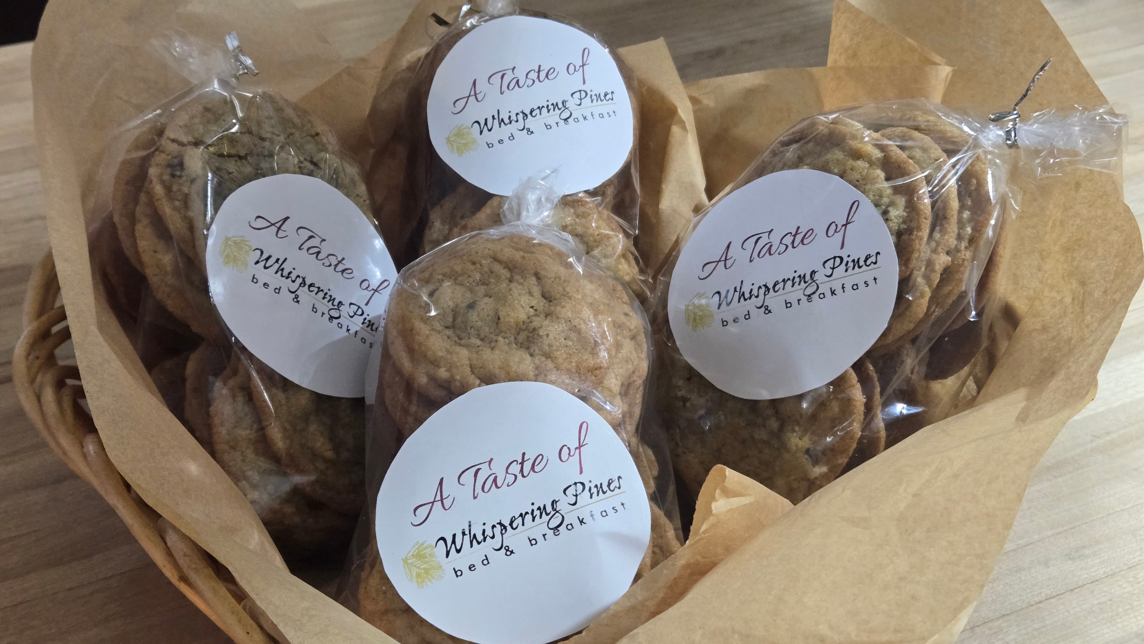 A basket filled with 4 dozen packages of Chocolate Chip Cookies