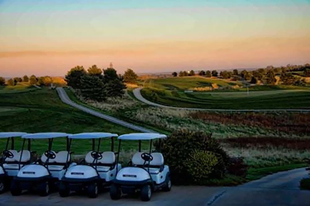 A row of golf carts parked near a scenic, rolling landscape at sunset.