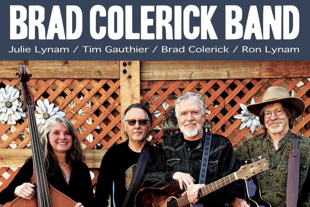A band poses outdoors in front of a wooden lattice backdrop, showcasing musical instruments.