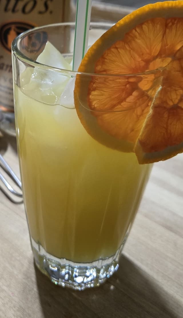 Tall glass with cocktail and orange slice garnish