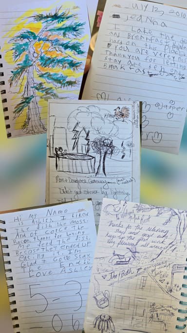 Collage of guest journal entries with hand-drawn pictures of places and memories from Whispering Pines.